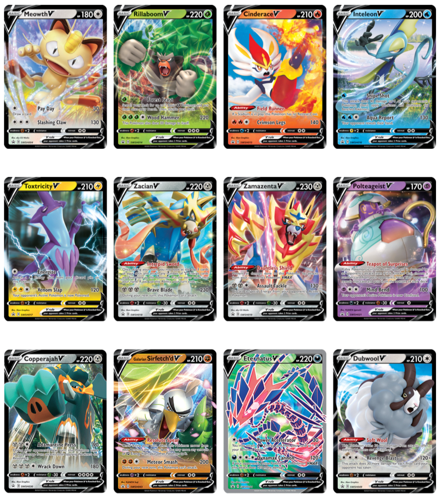 Pokémon TCG full-art card assortment featuring 12 Pokémon V and VMAX cards