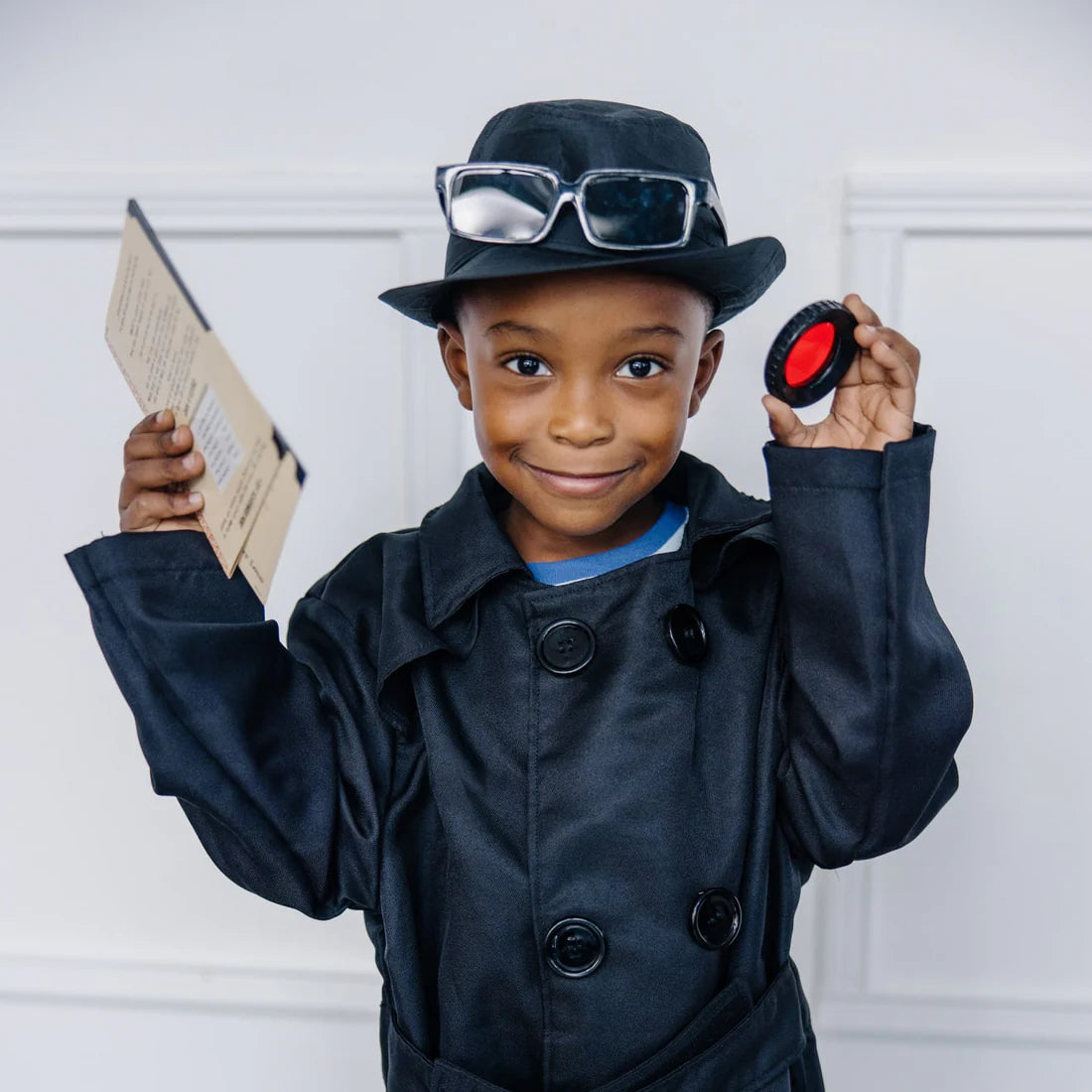 Kids dark spy costume coat with belt, fedora hat, and sunglasses accessories