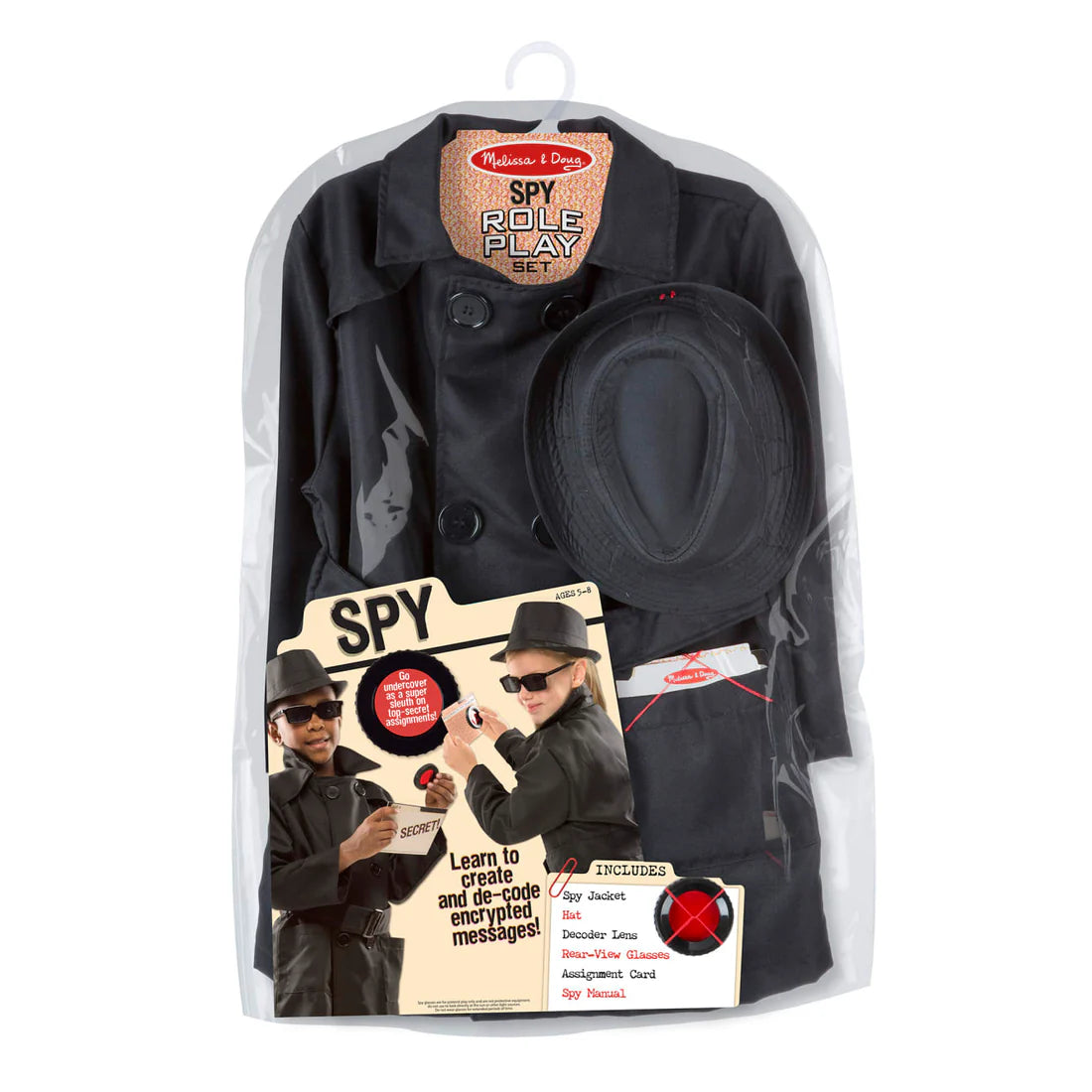 Spy role-play costume set with black coat, hat, sunglasses, and secret message cards