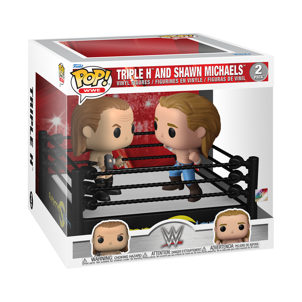 Funko Pop Moments WWE ring set in box with two vinyl wrestlers and ropes