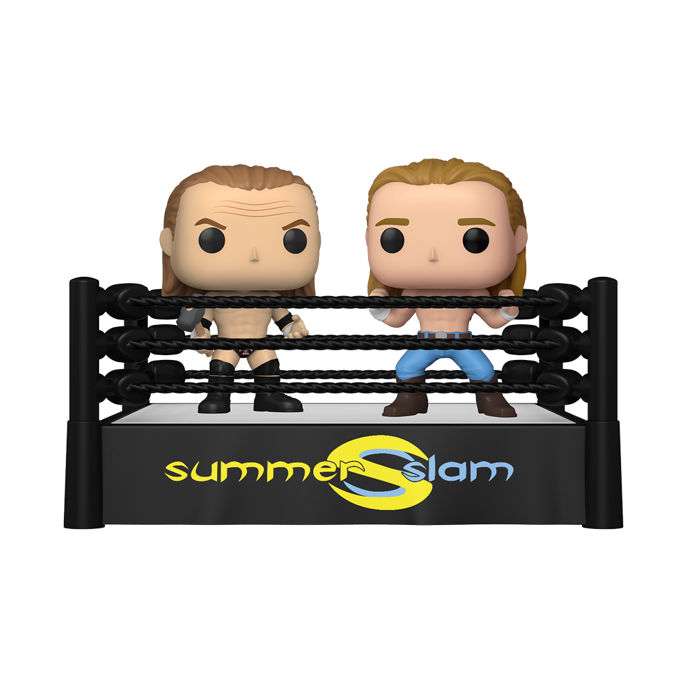 Funko Pop Moments WWE ring set with two vinyl wrestlers on black rope ring