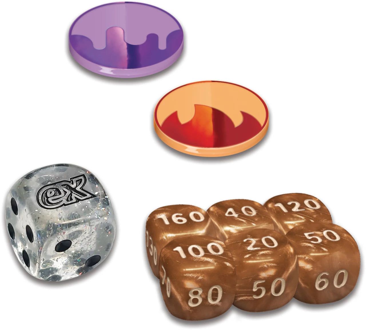 Game tokens and dice for Pokémon TCG, including purple, orange, gray, and brown pieces