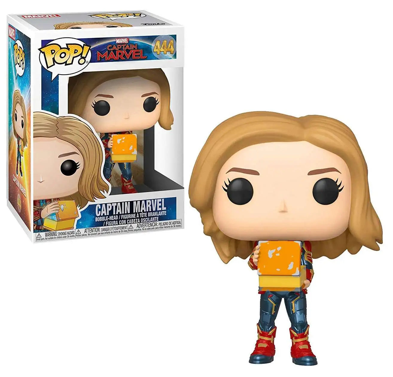 Funko Pop! Captain Marvel vinyl figure with long blonde hair holding an orange lunchbox