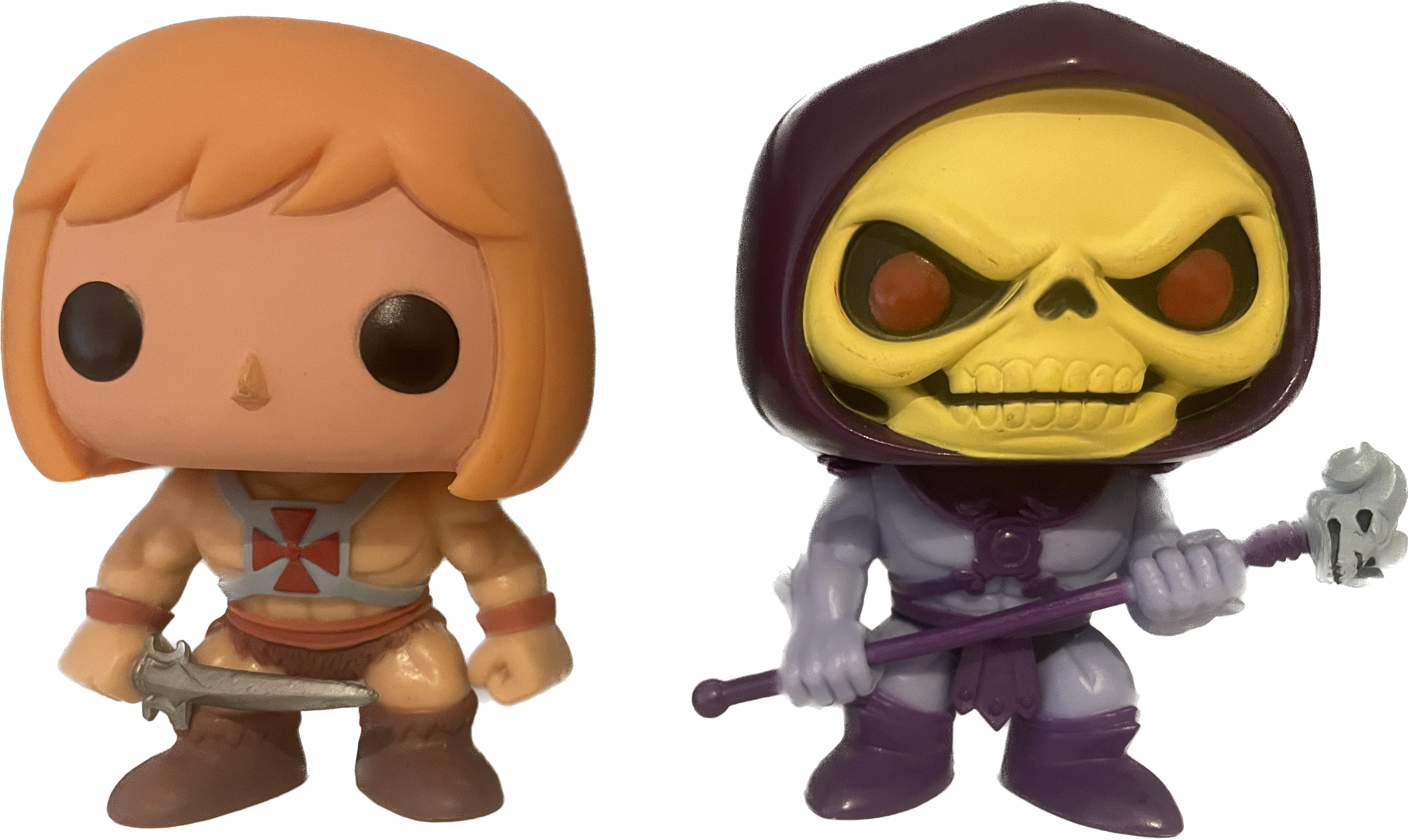 Funko Pop! He-Man and Skeletor vinyl figures, front view, out of box