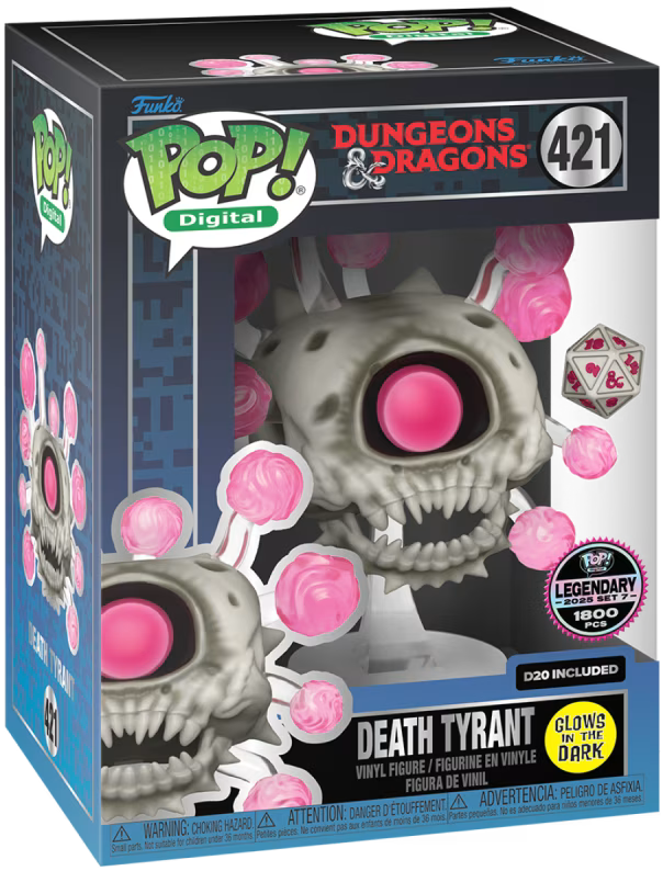 Funko Pop! Dungeons & Dragons Death Tyrant vinyl figure packaging with pink眼球 and dice.