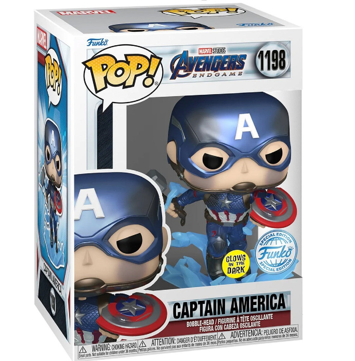 Funko Pop Captain America figure in box with metallic blue helmet and shield, 1198