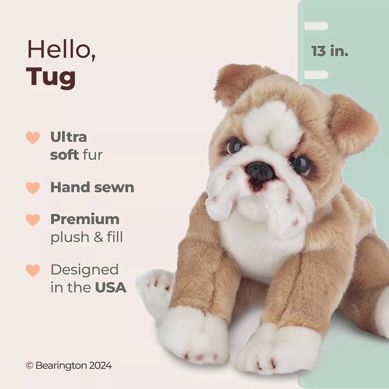 Tan and white bulldog plush with large eyes, seated pose, soft plush stuffing