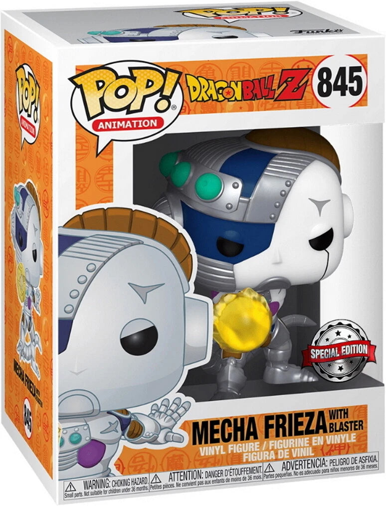 Mecha Frieza vinyl figure box front, gray-and-blue armor, yellow blaster, Special Edition