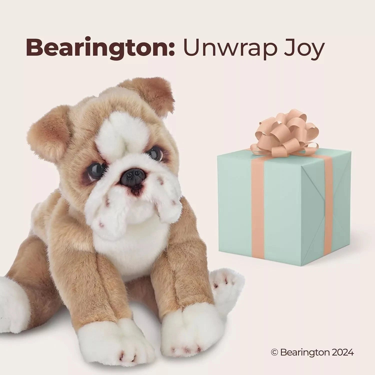 Tan and white bulldog plush sitting upright, floppy ears and friendly face
