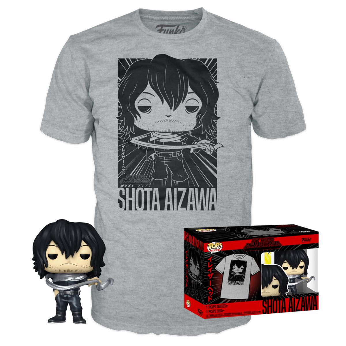 Gray T-shirt with Shota Aizawa graphic, plus Funko Pop figure with goggles