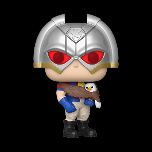 Funko POP TV Peacemaker figure with silver helmet, red goggles, holding brown bird