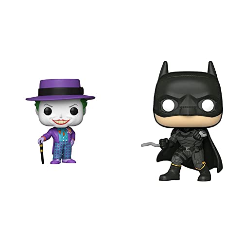 Vinyl Joker figure with purple hat and cane, paired with dark Batman figure in cowl