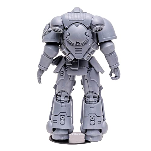 Gray Space Marine Reiver action figure front view, helmeted with raised arms