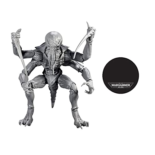 Grey Tyranid Genestealer action figure with black Warhammer display coin