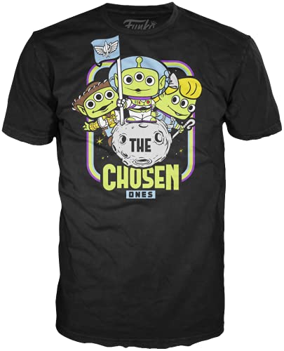 Black graphic T-shirt with alien Buzz-style character print, crew neck