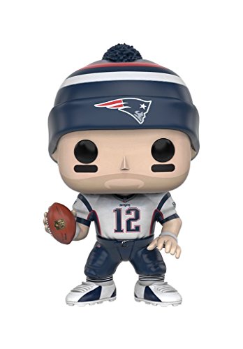 Front view vinyl Patriots figure, navy helmet and jersey, number 12, holds football