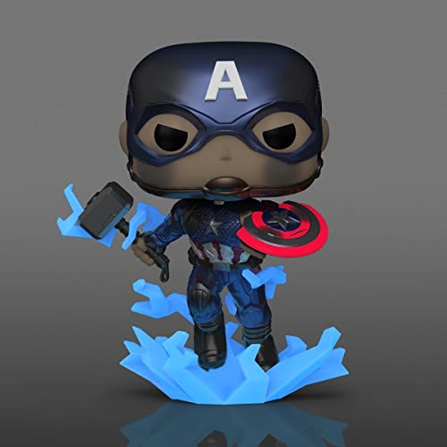 Metallic blue Captain America figure with shield and hammer on blue ice base