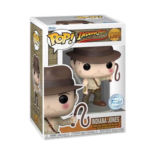 Indiana Jones Pop! vinyl action figure in box, figure holding whip and wearing brown hat