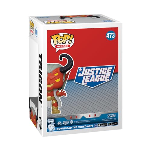 Trigon Funko Pop box with Justice League logo and figure art, #473 on red panel