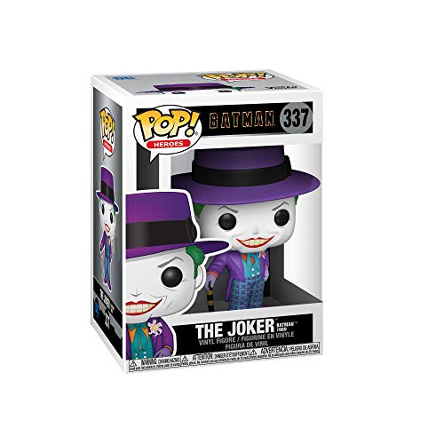 Boxed Funko POP Joker vinyl figure with purple hat and cane, windowed display