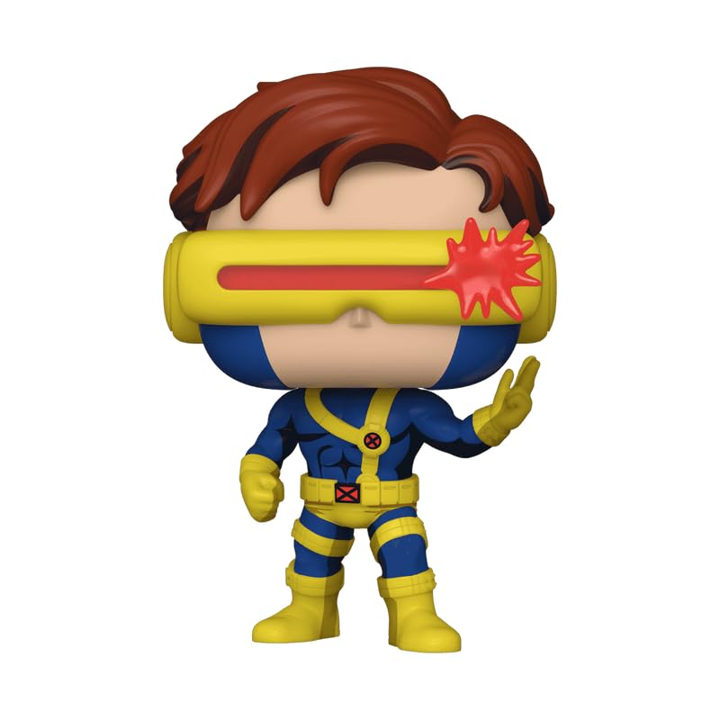 Cyclops Funko Pop figure standing, yellow visor with red eye beams, blue suit and boots