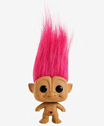Pink Troll vinyl figure from front, brown face, black eyes, pink hair tuft