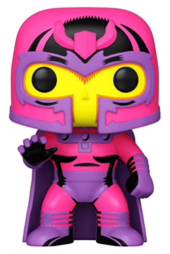 Magneto vinyl bobblehead figure close-up, pink helmet with yellow face and purple suit