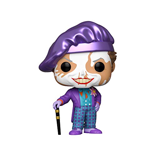 Vinyl Joker figure close-up, purple hat and slicked hair, checkered outfit, holding cane