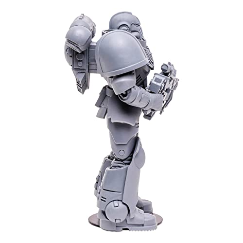 Gray Space Marine Reiver action figure rear view, helmet and weapon at side