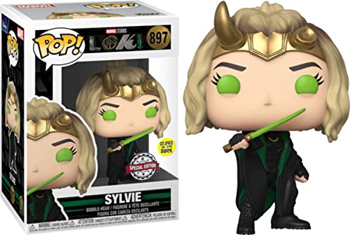 Boxed vinyl figure of Sylvie in black suit, horned gold headpiece, green eyes