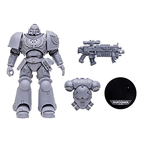 Gray Space Marine Reiver action figure with rifle, plus head and gear accessory parts