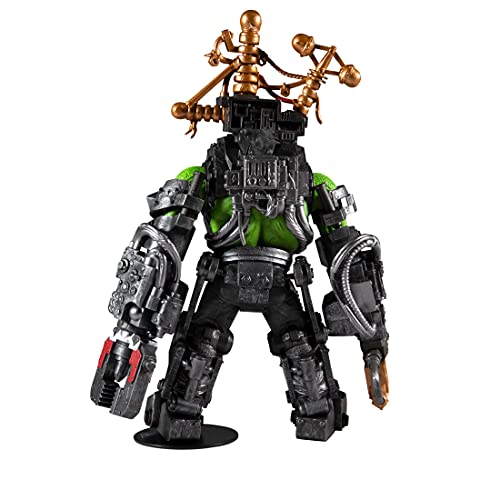 Ork Big Mek action figure front view: black armor, green details, gold hammer arms