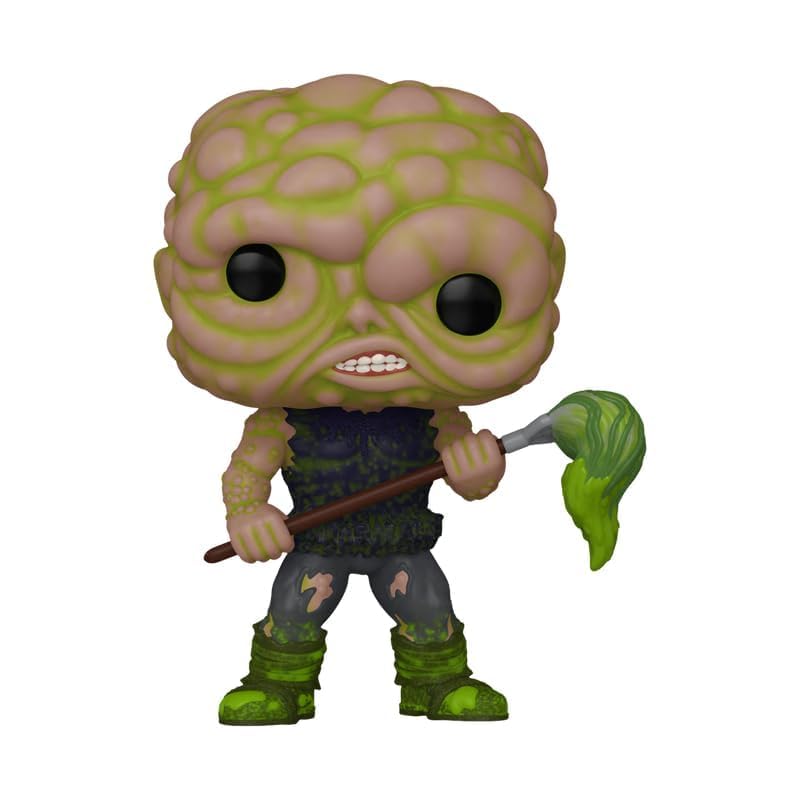 Glow-in-the-dark vinyl Pop hero figure, green slime suit, holding stick weapon