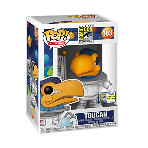 Toucan Funko Pop figure box, astronaut suit and Comic Con sign with limited badge