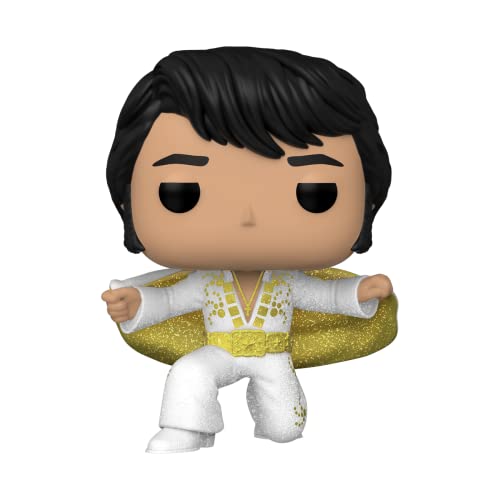 Vinyl collectible Elvis figure in gold pharaoh suit with black hair, arms out