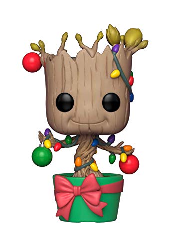 Vinyl Groot bobble-head Christmas figurine with green costume and gift box, colorful ornaments
