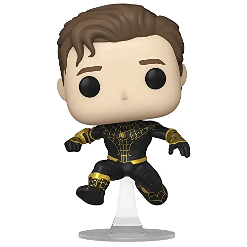 Unmasked Spider-Man Funko Pop figure in black suit with gold web pattern, standing