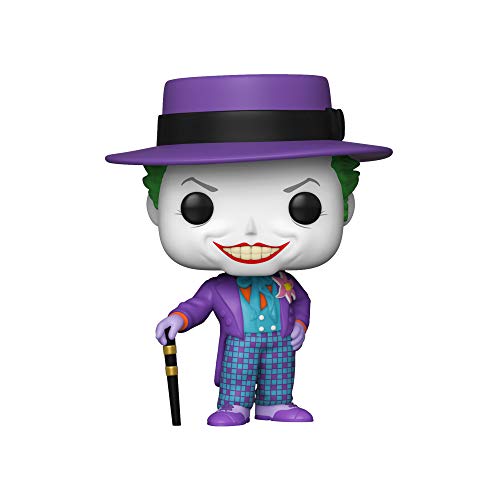 Vinyl Joker figure with purple hat, checkered suit, red grin, holding a cane