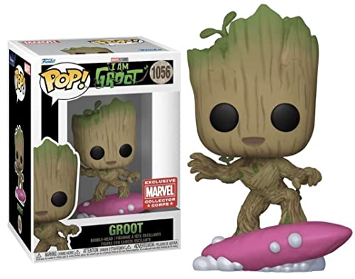 Funko Pop Groot figure with pink surfboard and boxed package, Collector Corps exclusive