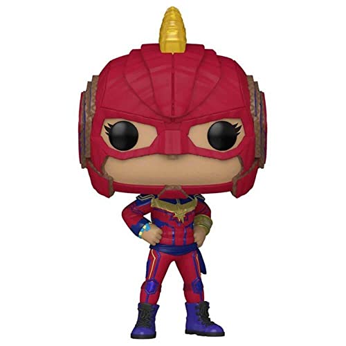 Vinyl superhero figurine front view, red face mask, gold hair bun, blue boots
