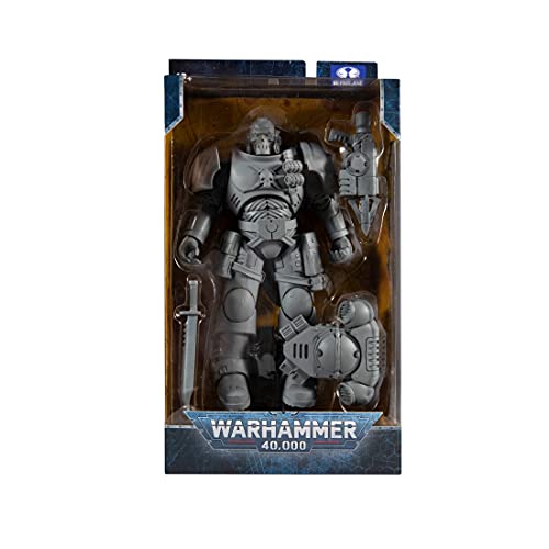 Warhammer 40,000 Space Marine Reiver figure in display box, dark gray armor
