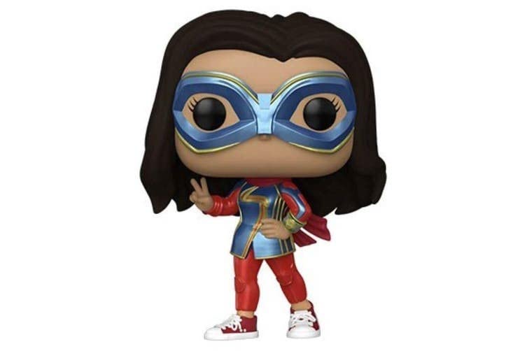 Collectible vinyl figure of Ms. Marvel with blue goggles, red leggings, and white sneakers