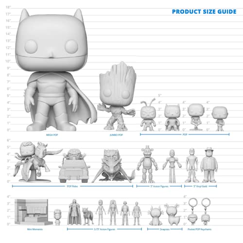 Funko Pop! product size guide chart with multiple figure silhouettes