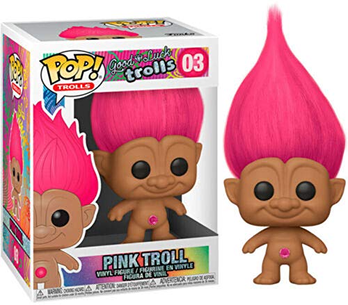 Pink Troll vinyl figure with pink hair, brown face, black eyes, heart necklace
