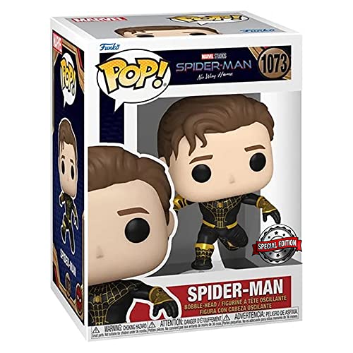 Spider-Man Funko Pop figure in black and gold suit, unmasked, boxed