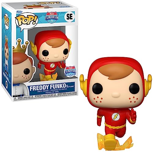 Freddy Funko Pop figure as The Flash in red suit with gold accents and lightning emblem