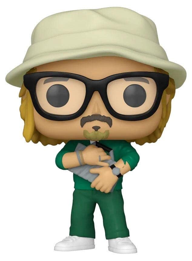 Ladybug vinyl Pop figure close-up: cream hat, black glasses, green suit, holding hands