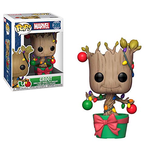 Vinyl Groot bobble-head Christmas Funko Pop figurine in window box, multicolor lights