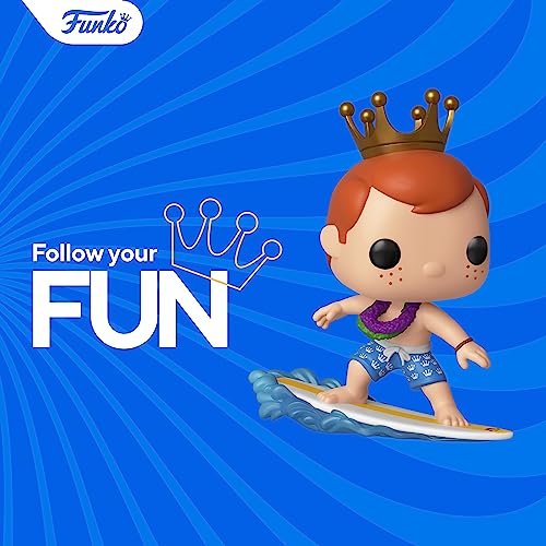 Funko POP! surfer figure with gold crown, 'Follow your FUN' text on blue