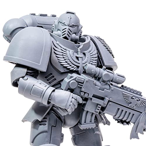 Gray Space Marine Reiver action figure close-up, chest emblem and rifle details